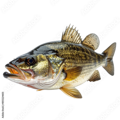 A close-up studio photograph of a striking largemouth bass against a solid black background.
