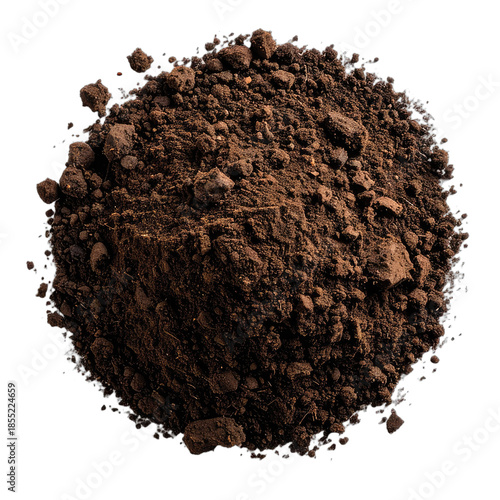 A dark brown pile of rich topsoil photographed against a stark black background.