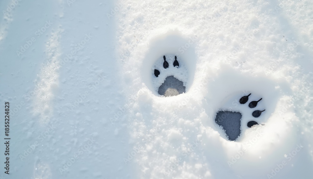 Fototapeta premium Animal paw prints impressed into fresh white snow. Animal tracks show distinct toes and pads. Winter scene with clear animal trace on frozen ground.