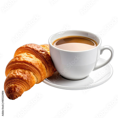 A classic breakfast pairing of a golden croissant and a cup of coffee on a black background.