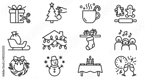 Set of twelve linear Christmas and New Year icons featuring tree, gift, snowman, and festive food elements in minimal black outline style for holiday design projects
