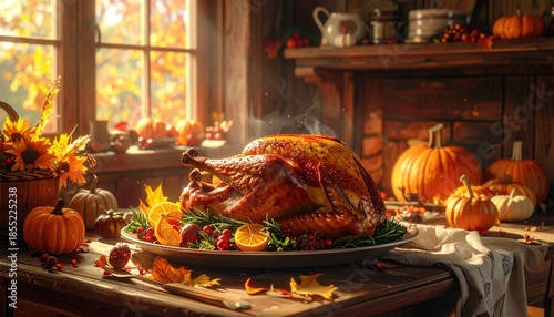 Roasted Turkey on Rustic Thanksgiving Table