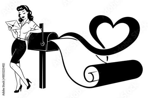 Vintage pin-up woman mailing love letter into classic mailbox, swirling heart ribbon scroll – detailed black and white vector artwork
