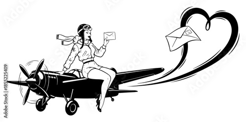 Pin-up aviatrix delivering love letter from small airplane, looping heart-shaped contrail in sky – nostalgic black and white vector illustration