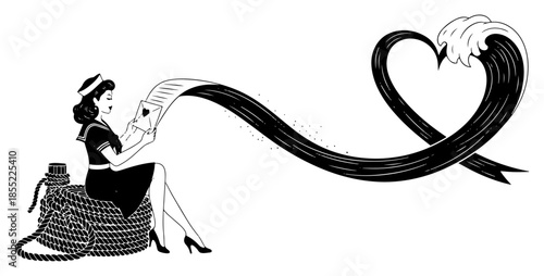 Elegant retro lady reading love letter as flowing heart ribbon swirls around – timeless black and white vector illustration