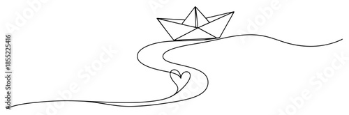 Paper boat drifting along winding river line that ends in tiny heart – simple continuous line vector depicting adventure and affection