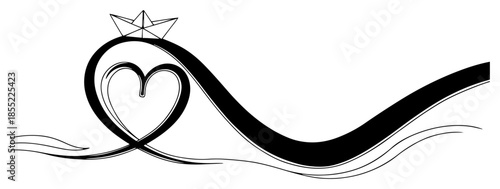 Infinity heart ribbon with origami paper boat sailing on love wave – elegant minimal black and white vector illustration of romantic journey