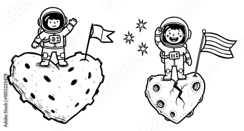 Cute child astronauts planting flag on heart-shaped asteroid, celebrating cosmic love – playful black and white space exploration vector graphic