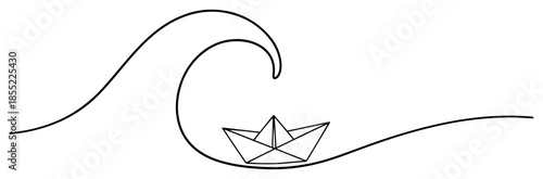 Large curling ocean wave embracing small origami paper boat – dynamic minimalist black and white vector symbolizing courage and exploration