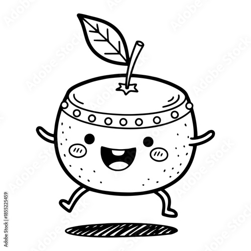 Happy kawaii mandarin orange mascot jogging with big smile and leaf stem – playful Chinese New Year citrus character black and white vector