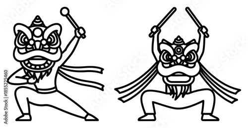 Energetic lion dance performer in dramatic stance beating rhythm sticks – dynamic Chinese New Year celebration black and white vector artwork