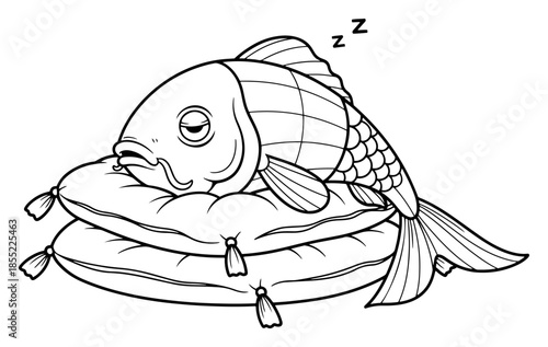 Cute sleepy koi carp napping peacefully on soft Japanese floor cushions with comic Zs – whimsical black and white vector cartoon animal