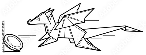 Origami paper dragon darting toward ancient Chinese coin – minimal geometric black and white vector of prosperity and strength