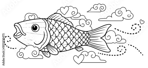 Flying koi carp surrounded by swirling clouds and hearts – whimsical Chinese luck symbol black and white vector illustration
