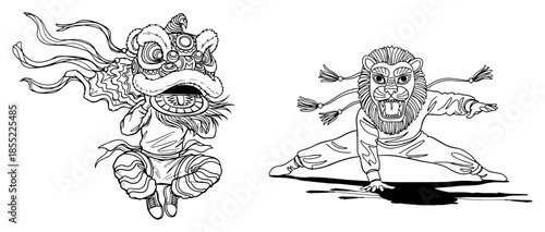 Dynamic lion dance performer leaping in mid-air beating drumsticks – energetic Chinese New Year celebration black and white vector artwork