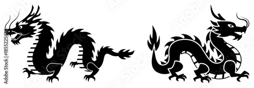 Pair of stylized oriental dragons facing opposite directions – bold black silhouette vector icons of power and fortune
