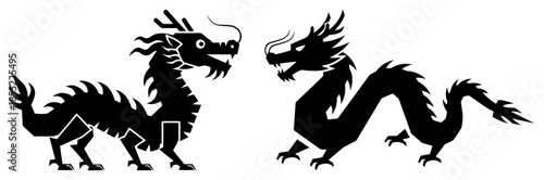 Playful small Chinese dragons trotting in profile, cute mythological mascots – detailed black outline vector for festive designs and culture themes