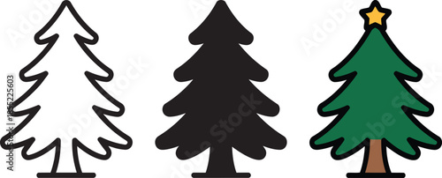 Christmas tree vector set with outline silhouette and colored evergreen with gold star topper