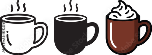 Coffee mug with whipped cream topping icons set including outline silhouette and brown cup