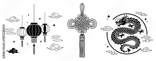 Chinese festival icon bundle: hanging lantern cluster, endless knot tassel and yin-yang dragon emblem with clouds – versatile black vector set