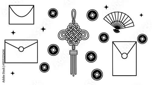 Lucky red envelope pack with endless knot, ancient coins and folding fan – modern minimal Chinese New Year vector collection for festive designs
