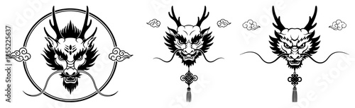 Oriental dragon medallion pendant with tassel and endless knot, clouds framing mythical creature – ornate black and white vector emblem