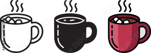 Hot chocolate mug with marshmallows icons including outline silhouette and colorful red cup