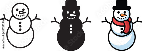Detailed snowman vector collection with outline silhouette and colored versions for winter fun