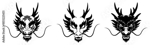 Triple Chinese dragon heads linked by swirling whiskers forming elegant border divider – stylish black and white vector panel