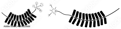 Curved chain of Chinese firecrackers exploding with bright sparks – simple festive black and white vector illustration