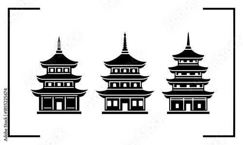 Series of three multi-tier pagodas inside minimal corner frame – classic Asian skyline silhouette black and white vector illustration