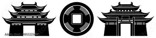 Chinese temple gate with curved roof and ancient round coin icon – cultural architecture and prosperity symbol black and white vector graphic