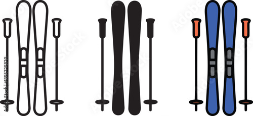 Ski and ski poles icon set outline solid and colored vector graphics