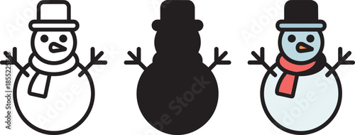 Snowman icon set in three graphic variations wearing hat and scarf for winter seasonal projects