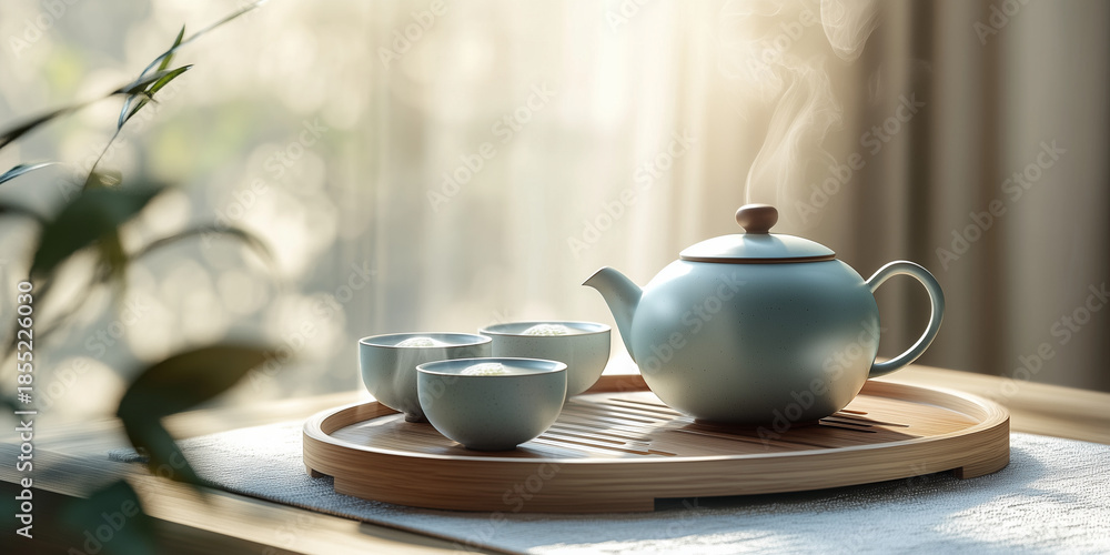 Fototapeta premium Tea pot with steaming tea and cups on wooden tray indoors 