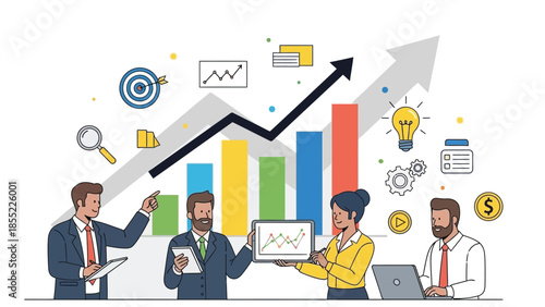 Business professionals collaborate around a large upward trending bar graph illustrating positive financial growth and strategic planning success.