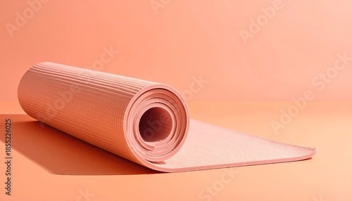 Rolled Coral Pink Yoga Mat on Peach Background
