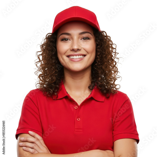 Smiling woman in red polo hat and shirt isolated on transparent background