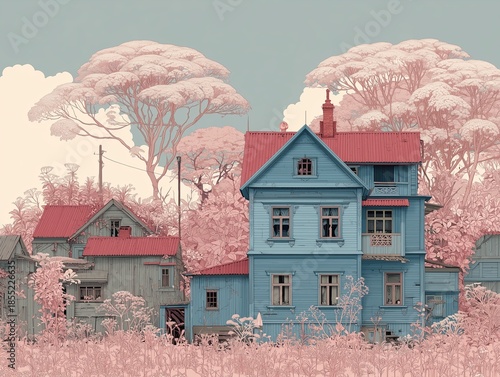 Seamless pattern with cozy houses and trees, Scandinavian style illustration