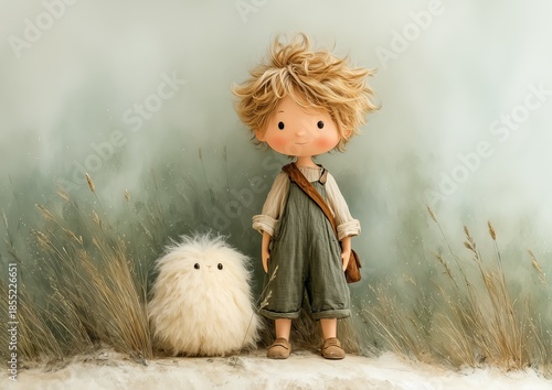 Boy sitting with dog, childhood friendship illustration