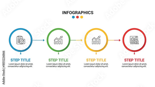 Four distinct circular infographic steps with connecting arrows show a linear process flow for data analysis and sequential progress tracking.
