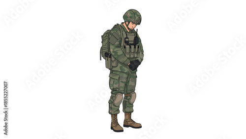 Soldier dressed in full camouflage uniform and tactical gear, standing solemnly with head bowed, conveying a sense of respect or contemplation.