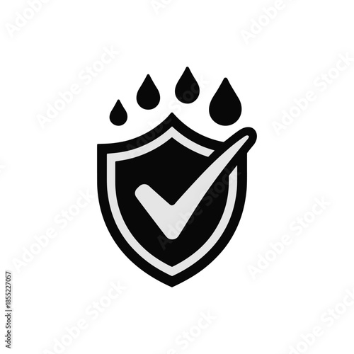 Black shield with gray checkmark and water drops on vector illustration white background tick protection.