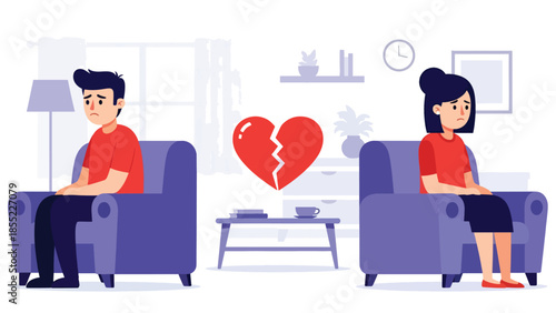 Modern flat vector illustration of man and woman sitting apart on sofa after breakup, emotional distance in home interior, ideal for relationship concepts