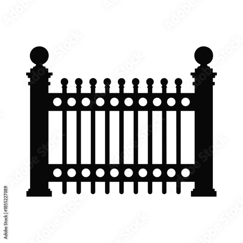 Black silhouette of a decorative metal fence with circular finials and vertical bars vector illustration isolated on white background.