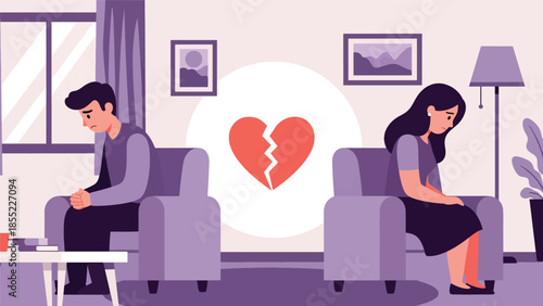 Modern flat vector illustration of man and woman sitting apart on sofa after breakup, emotional distance in home interior, ideal for relationship concepts