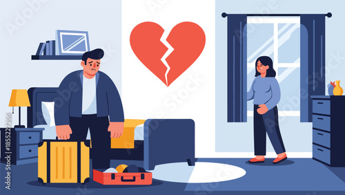 Modern flat vector illustration of breakup scene with man packing suitcase while woman stands near window, separation at home, ideal for relationship topics