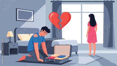 Modern flat vector illustration of breakup scene with man packing suitcase while woman stands near window, separation at home, ideal for relationship topics