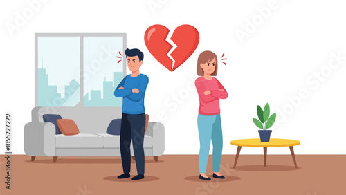 Modern flat vector illustration of man and woman standing back to back in apartment, relationship conflict and emotional separation, ideal for breakup themes