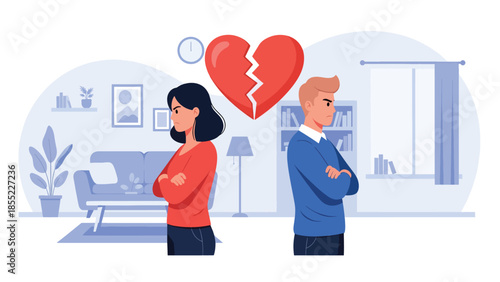Modern flat vector illustration of man and woman standing back to back in apartment, relationship conflict and emotional separation, ideal for breakup themes
